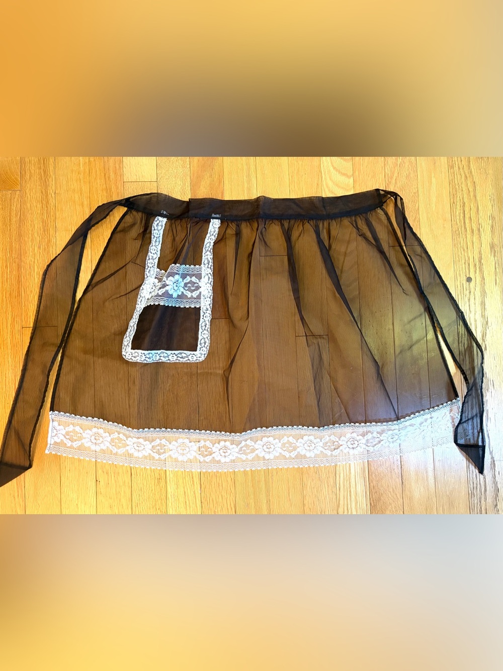 VTG 1950s Sheer Brown Organza Hostess Half Apron Lace Pocket